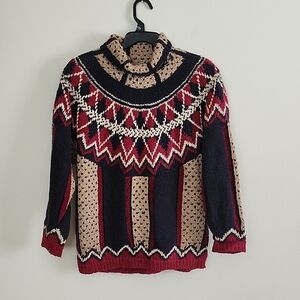 JEANNE PIERRE Vintage Fairisle Red Black Tan Patterned Turtleneck Sweater Small